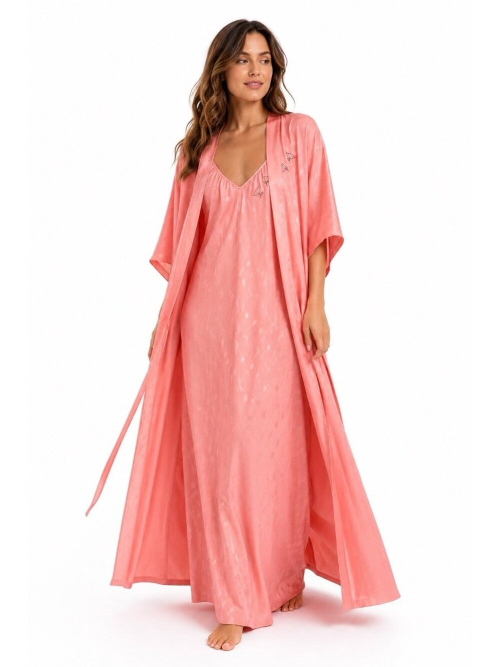 vintage CLAIRE SANDRA LUCIE ANN robe nightgown set PS PM coral butterfly satin